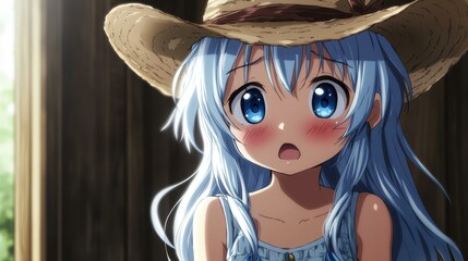 Poster - A charming anime girl with a cowboy hat, her anxious eyes hiding a sweet spirit, ready for adventure in the wild west.