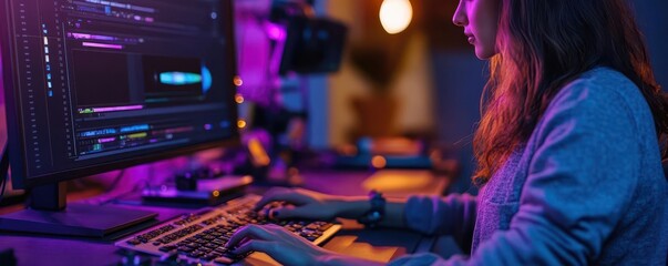 A focused individual programming at a computer with vibrant lighting, surrounded by technology and creativity in action.