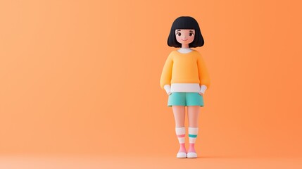 3D girl character stands confidently in a bright orange background, wearing a cozy sweater and shorts with playful colors.