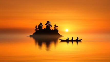 As the sun sets, warm golden hues reflect on the calm lake surface while fishermen quietly navigate their boat near a secluded island, surrounded by mist