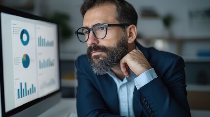 Poster - A business professional, wearing glasses and a suit, thoughtfully examines financial charts displayed on a computer monitor in a contemporary office environment