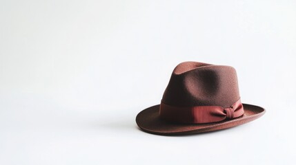 Wall Mural - Brown Fedora Hat with Red Ribbon on White Background