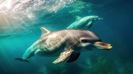 Dolphins swimming gracefully underwater, their sleek bodies gliding through the clear blue ocean. The sunlight filtering through the water enhances the beauty of this aquatic scene.