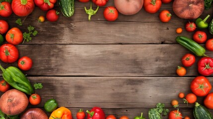 Fresh vegetables and fruits are artistically arranged on a wooden table, showcasing colorful tomatoes, peppers, and other produce, creating a vibrant and inviting display