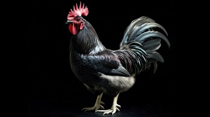 Canvas Print - Black Rooster in Dramatic Pose Against a Dark Background