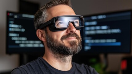 Poster - A man with a beard is wearing smart glasses and appears engaged while looking at dual computer screens displaying text and code, likely involved in a tech-related activity