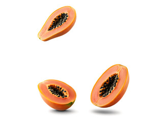 Aufkleber - Falling_papaya_slice_isolated_on_white_background,_clipping_path,_full_depth_of_field