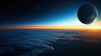 Wall Mural - this stunning view captures the earth from space at dawn, showing a distant planet and a colorful su