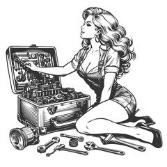 Wall Mural - pin-up mechanic fixing a machine, surrounded by tools, capturing a playful and retro aesthetic sketch engraving generative ai vector illustration. Scratch board imitation. Black and white image.