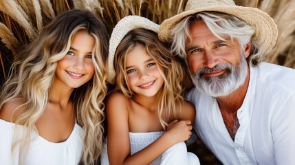 Two smiling girls are seated beside their father, all dressed in light-colored summer outfits. They have warm expressions, enjoying a sunny day surrounded by golden grass