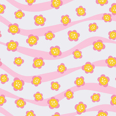 Wall Mural - Abstract small flowers on pink stripes background seamless pattern