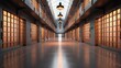 © angel_nt - Long corridor of a contemporary prison features large windows allowing sunlight to illuminate the polished floor and create a serene atmosphere in the late afternoon