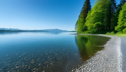 tranquil lake reflecting lush greenery and distant mountains under a clear blue sky