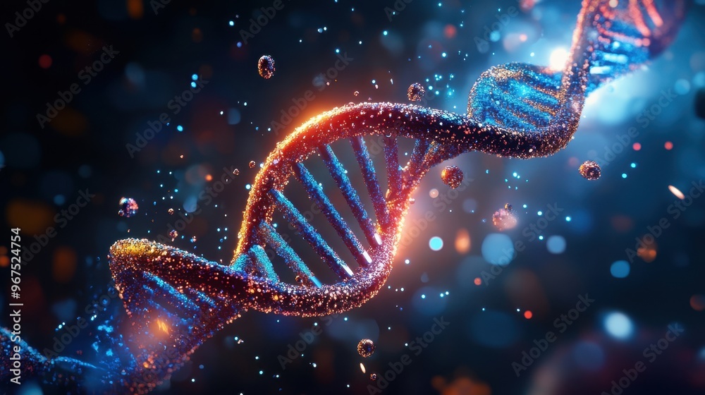 DNA molecules in a glowing double helix structure with particles of ...