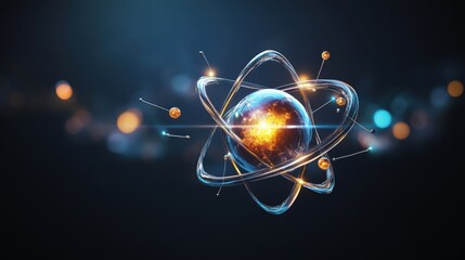 Wall Mural - The atomic model of a rare element, glowing in the dark with energy waves