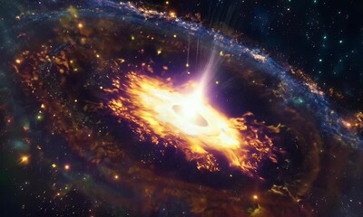 expansive explosion of light and particles, representing the birth of the universe in a dark, starle