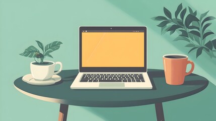 Poster - Laptop on Coffee Table with Plants and Mug in Minimalist Workspace
