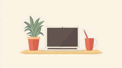 Aufkleber - Minimalist Laptop Workspace with Potted Plant and Coffee Cup on Wooden Table