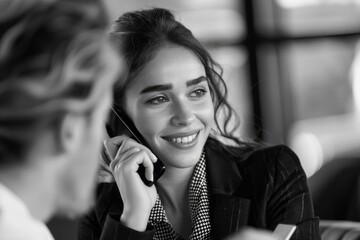 Wall Mural - Smiling female professional in office setting, holding cell phone to her ear, engaging in conversation. Image depicts positive communication and business success.