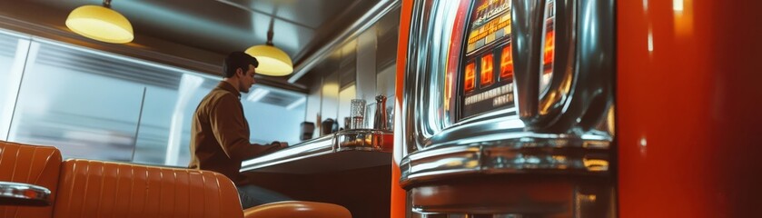 A retro diner scene featuring a jukebox and a man enjoying a moment at the counter, evoking nostalgia and classic Americana.