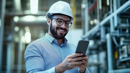 Poster - A smiling engineer checks his smartphone while standing in a modern industrial facility during daylight hours