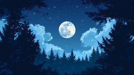 a full moon seen through the trees in the night sky with stars in the sky and in the foreground is a