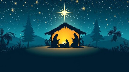 Poster - Silhouette of the Holy Family in a stable lit by a star, under a night sky with mountains and palm trees.