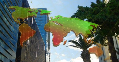Poster - Animation of connections and world map over cityscape