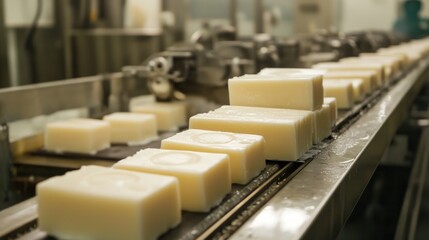 Canvas Print - Close-up of White Soap Bars Moving on a Conveyor Belt