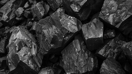 black and white photo highlighting the textures of coal