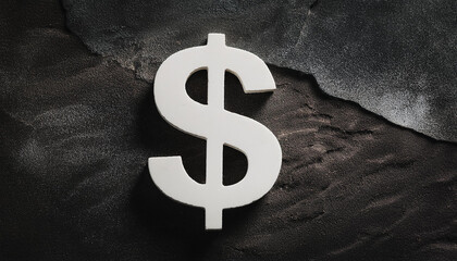 Stone dollar symbol on dark abstract rough background. Money and finance concept. Grunge wall