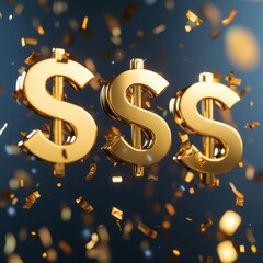 Sticker - Three golden dollar signs with falling confetti on a blue background.