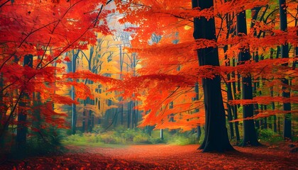 Vibrant autumn forest scene with a carpet of red and orange leaves creating a picturesque fall landscape