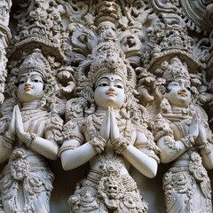 Wall Mural - Three Hindu deities in prayer pose, carved into the wall of a temple.