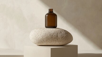 Poster - a brown glass bottle resting on a smooth stone atop a square pedestal in a minimalistic setting with