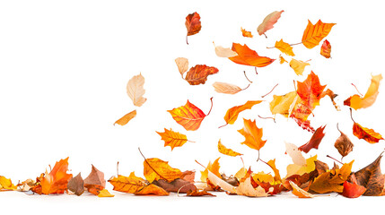 Colorful autumn leaves swirling in the air during a windy day isolated on transparent background