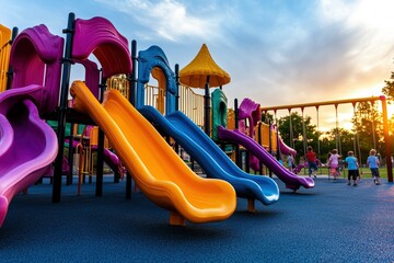 A vibrant playground with multiple colorful slides and children playing enthusiastically under a beautiful evening sky, highlighting outdoor fun and community bonding.