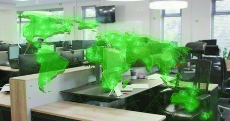 Wall Mural - Animation of world map and digital data processing over office