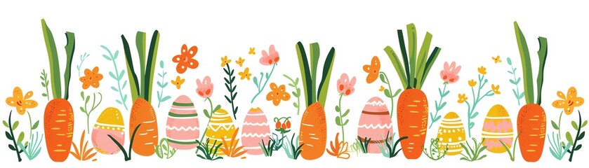 Cartoon carrots, spring icons, Easter egg hunt, Easter treats, flat design illustration