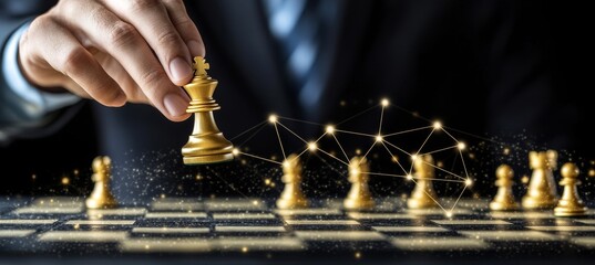 Hand Moving Golden Chess King Piece With Network Graphic Overlay Concept Of Strategy And Leadership