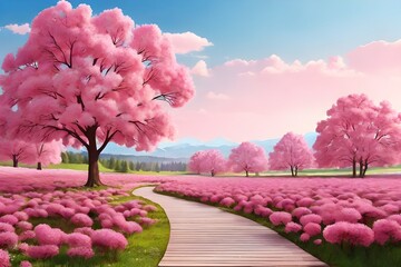 pink nature landscape, spring background flowers park outdoors Generative AI