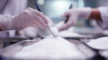 Wall Mural - Close-up of a Hand Scooping White Granules in a Factory Setting