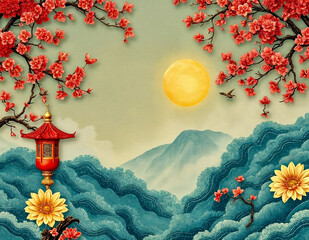 Wall Mural - landscape with flowers