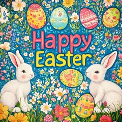 Wall Mural - Two white bunnies surrounded by colorful Easter eggs and flowers with the words 'Happy Easter'.