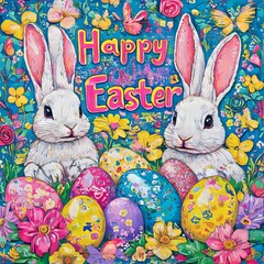 Poster - Two white bunnies with pink ears holding Easter eggs in a field of flowers with a blue sky background.