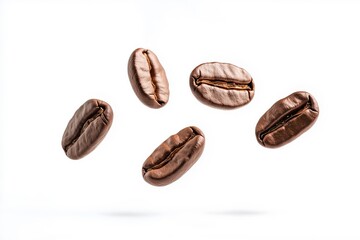 Roasted coffee beans floating on white background