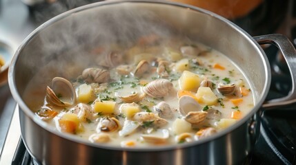 Wall Mural - Steaming Clam Chowder in a Silver Pot