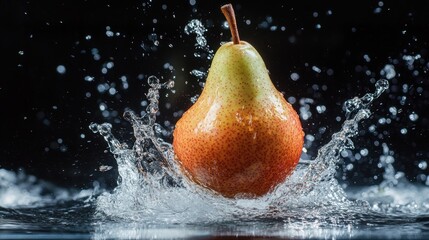 Wet Juicy Pear Splash in Motion with Water Droplets