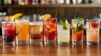 Assortment of Colorful Cocktails and Beverages on Wooden Table