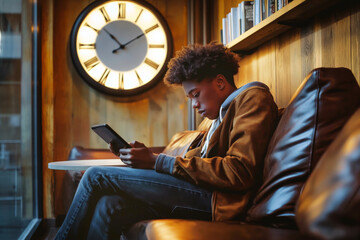 Wall Mural - a young professional using a tablet with a project management app, seated in a co-working space with